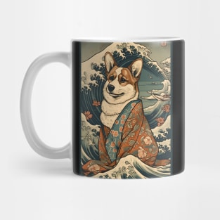 Corgi in Kimono: Traditional Japanese Ukiyoe Painting with Waves Mug